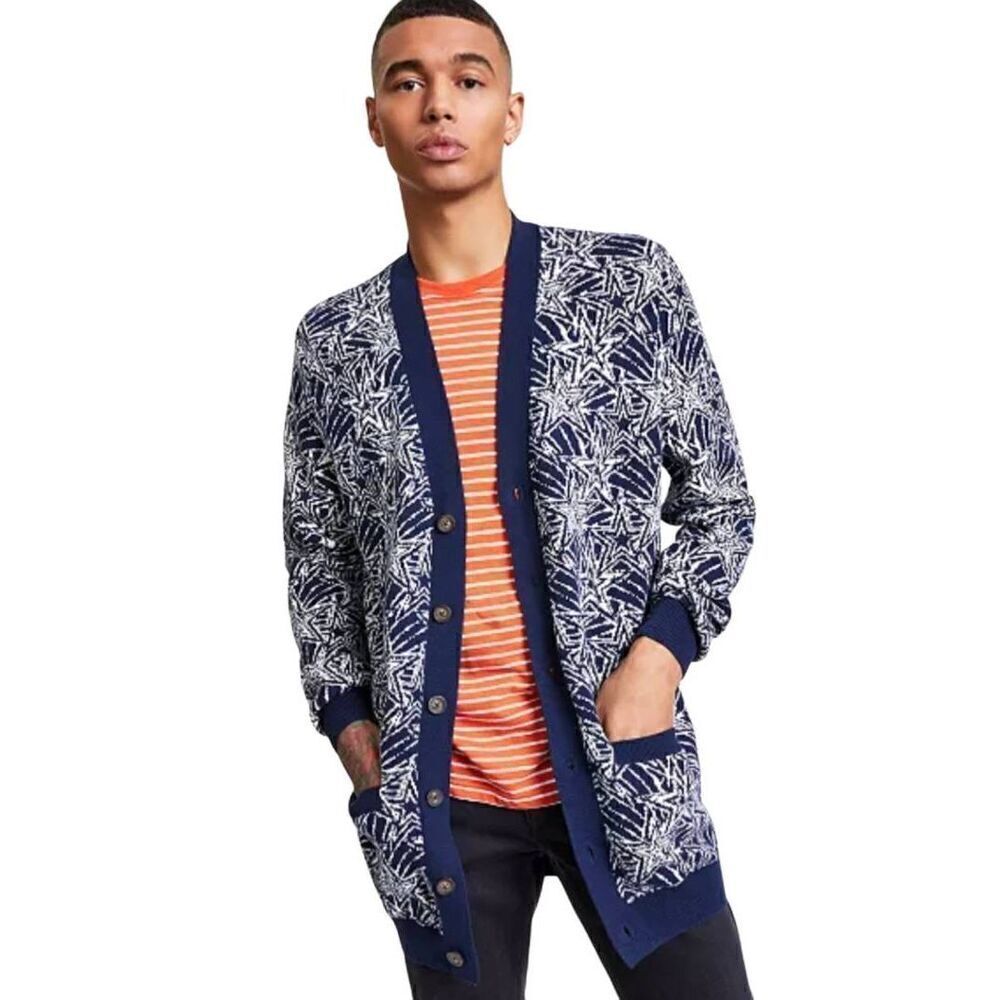 Sun + Stone men's Stephon Star print cardigan sweater Medium